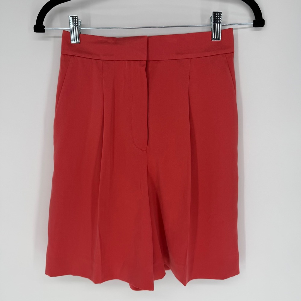 THEORY PLEATED TROUSER SHORTS BRIGHT CORAL VINTAGE SATIN NWT 00 100% SILK PREPPY